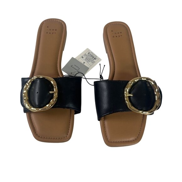 A New Day Bennie Buckle Slide Sandal Womens Size 9 Black New Gold Buckle - Picture 2 of 9